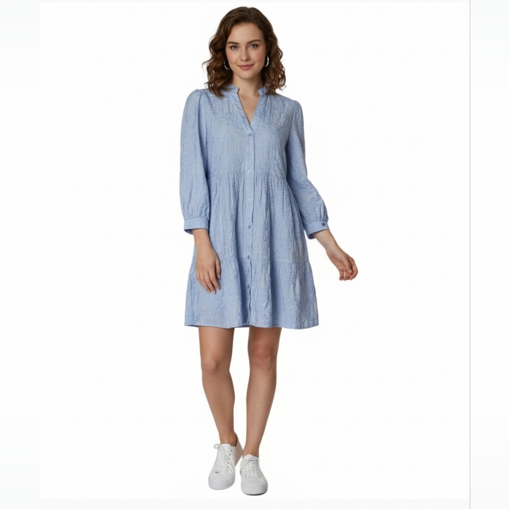 BROOKS BROTHERS Embroidered Floral Split Neck Fit &‎ Flare Mini Dress